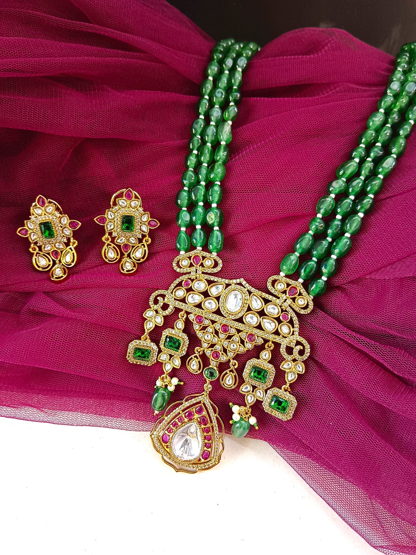 Rumi Kundan Necklace Strung with Emerald Beads