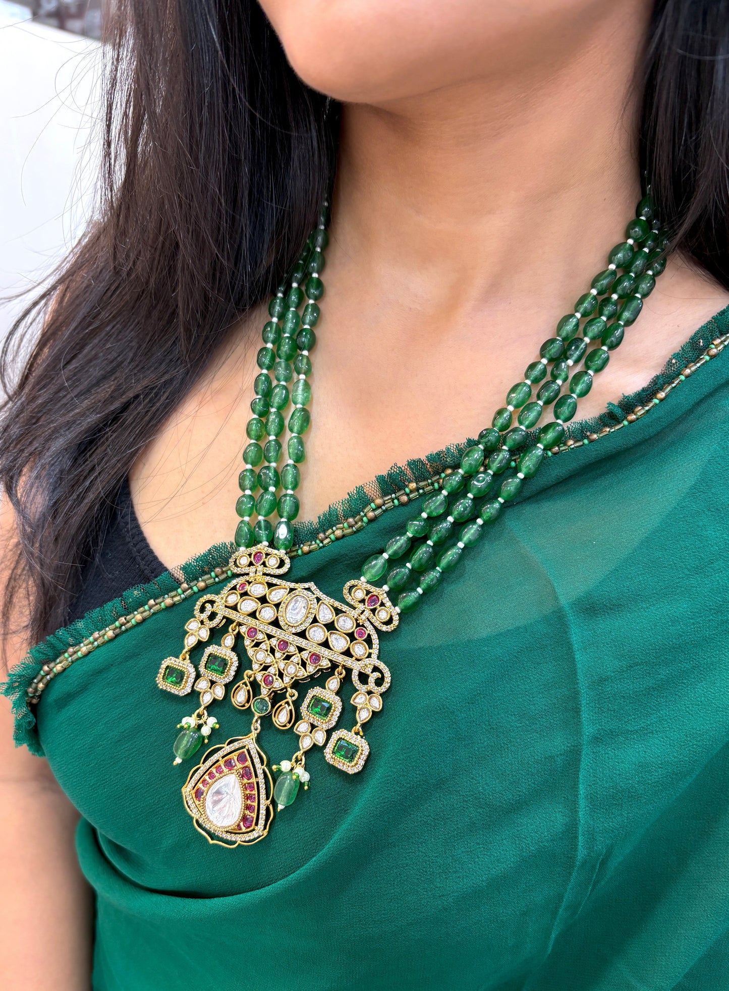 Rumi Kundan Necklace Strung with Emerald Beads