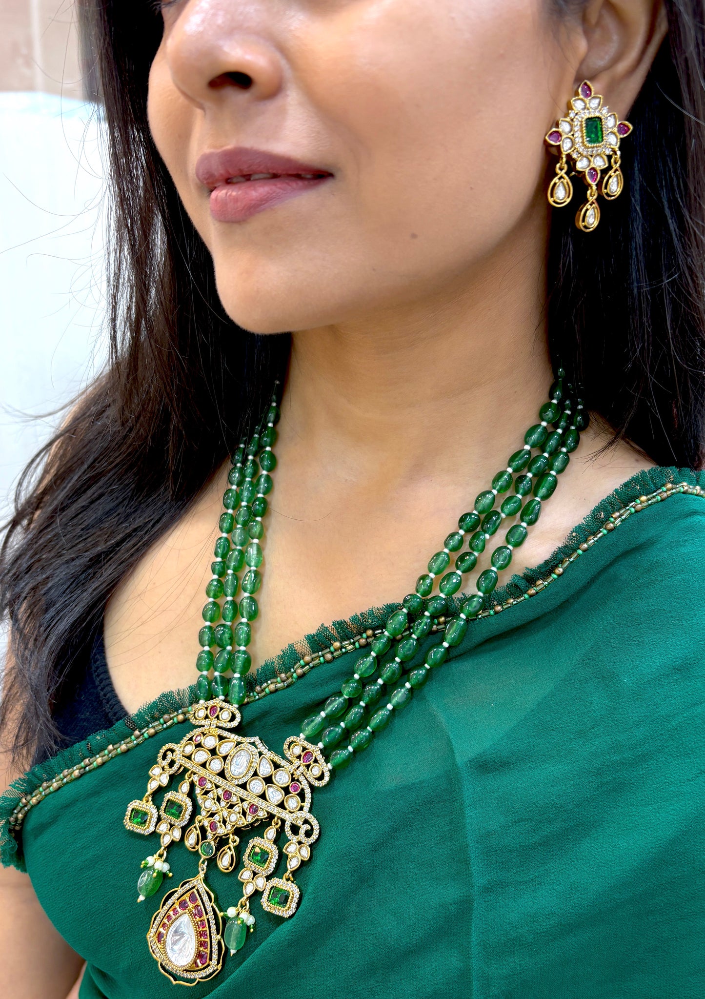 Rumi Kundan Necklace Strung with Emerald Beads