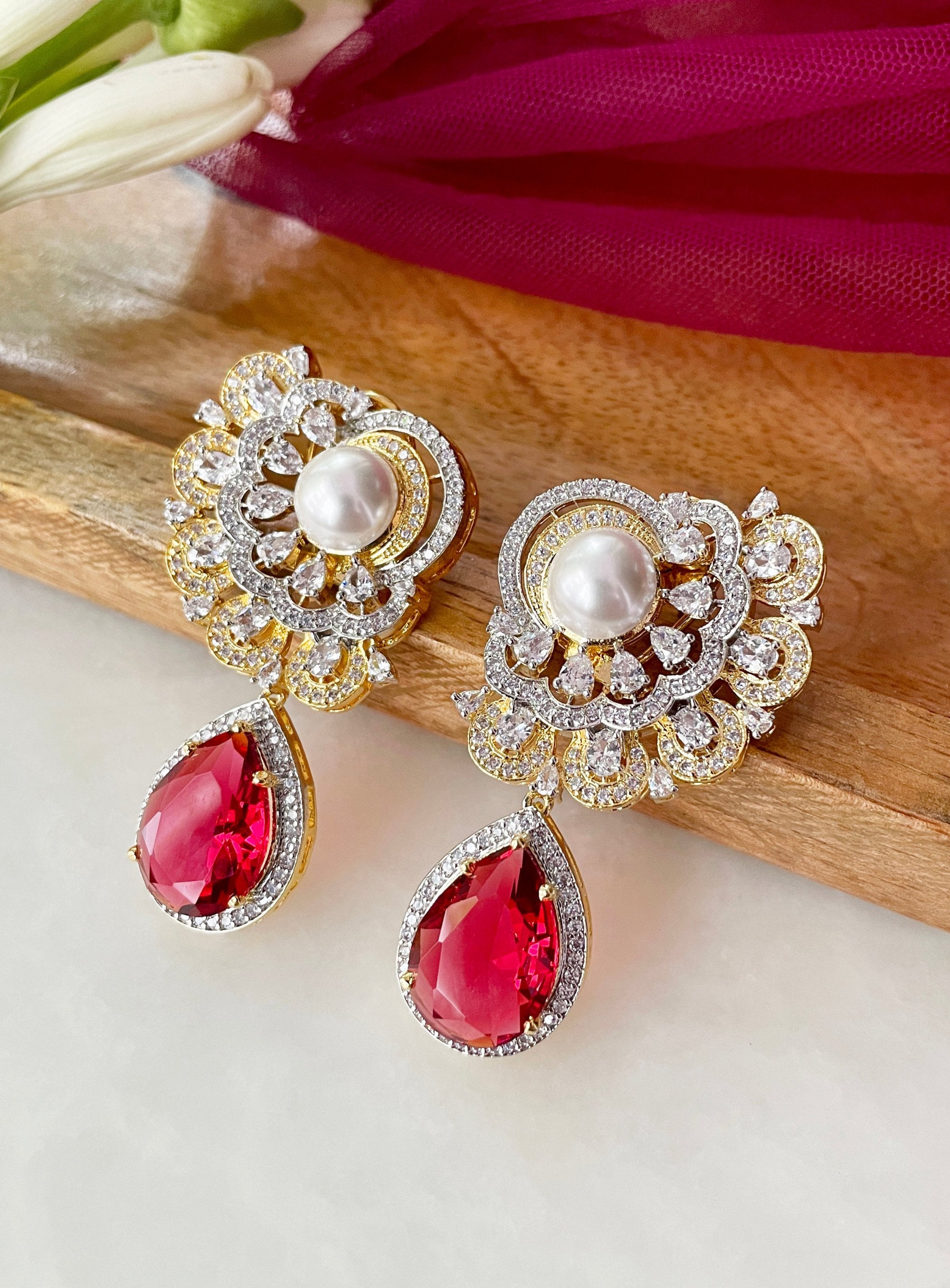 Imitation Jewellery CZ Earrings with Color Stones & Pearls
