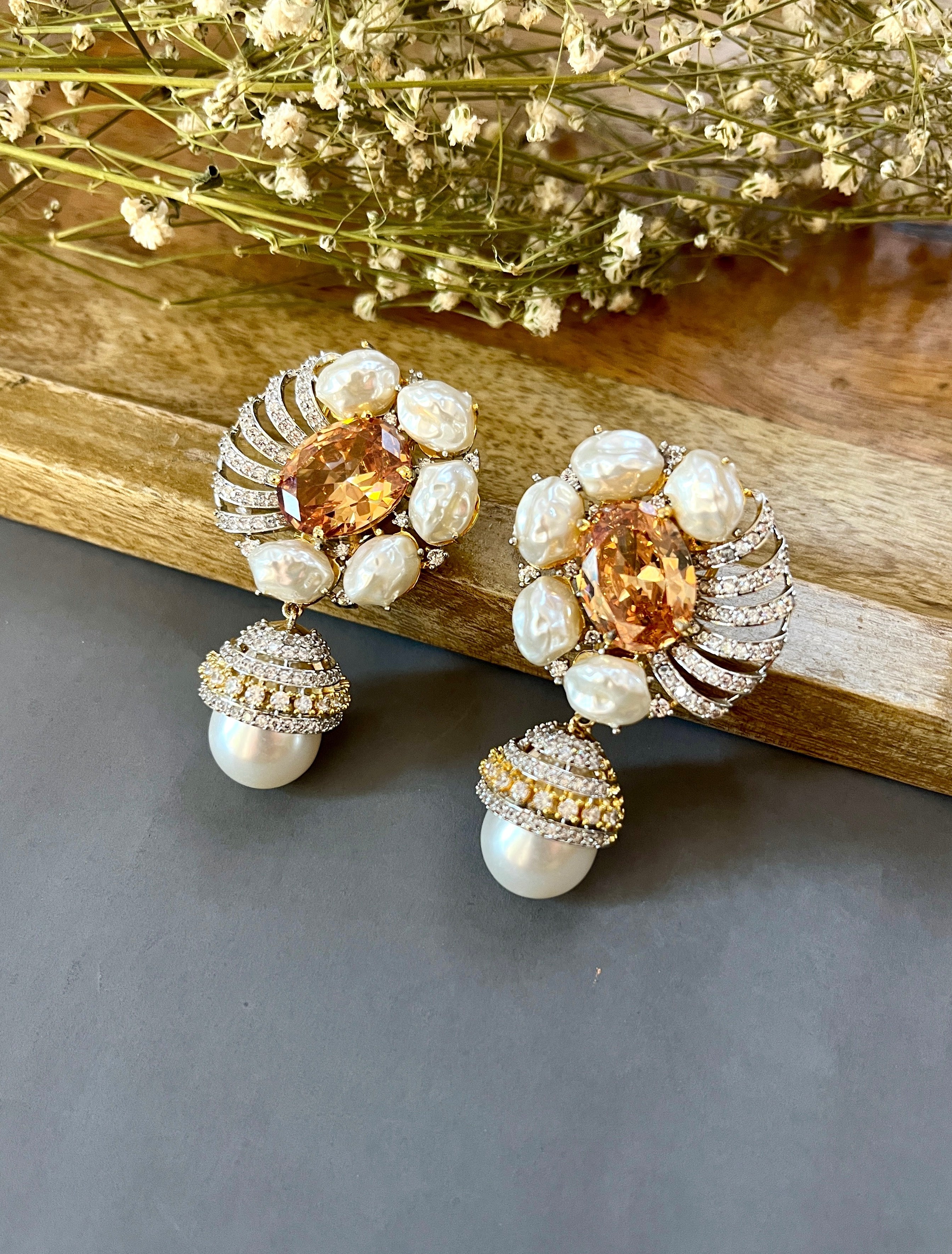 Reya Diamond & Baroque Pearl Designer Earrings
