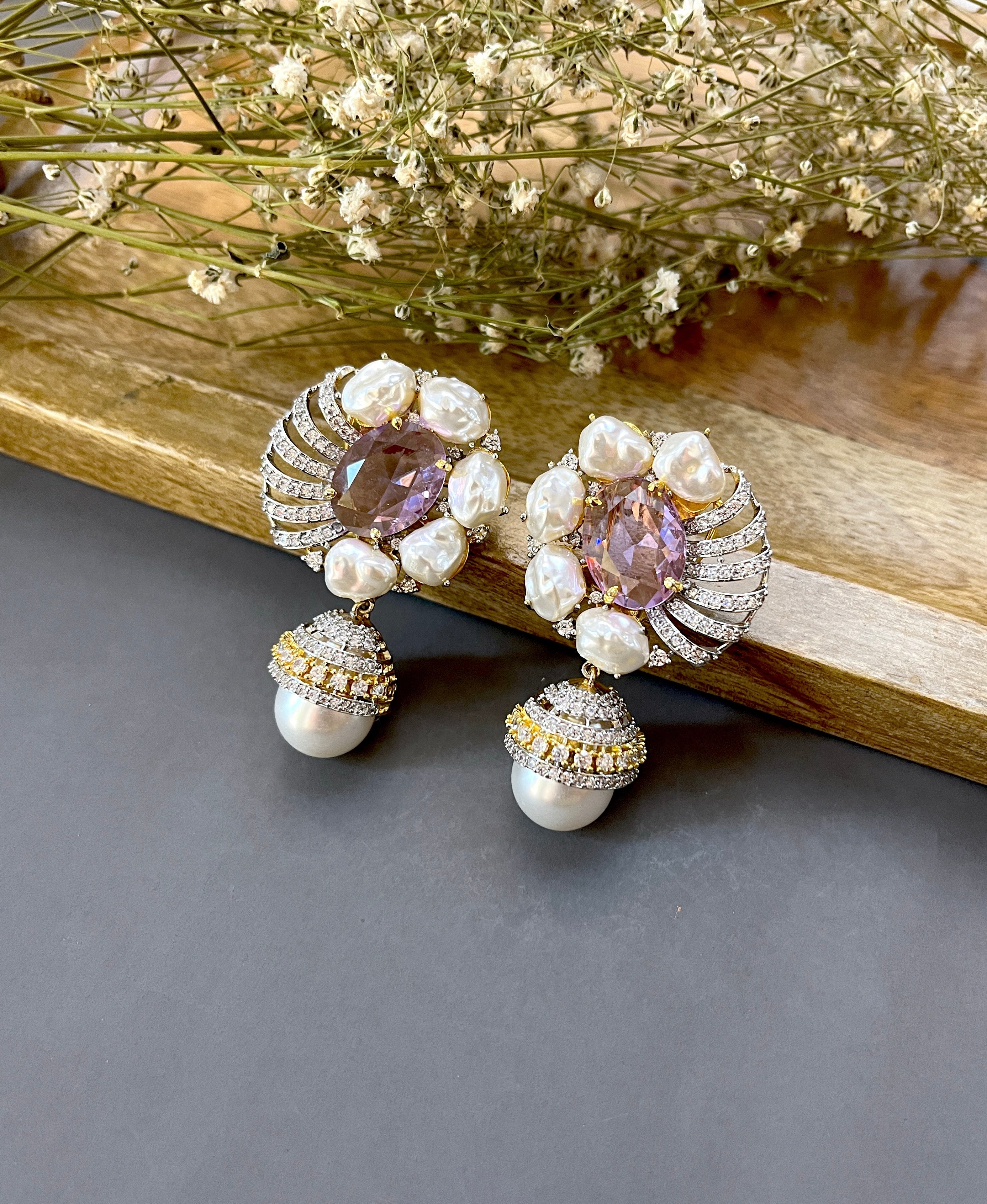 Reya Diamond & Baroque Pearl Designer Earrings