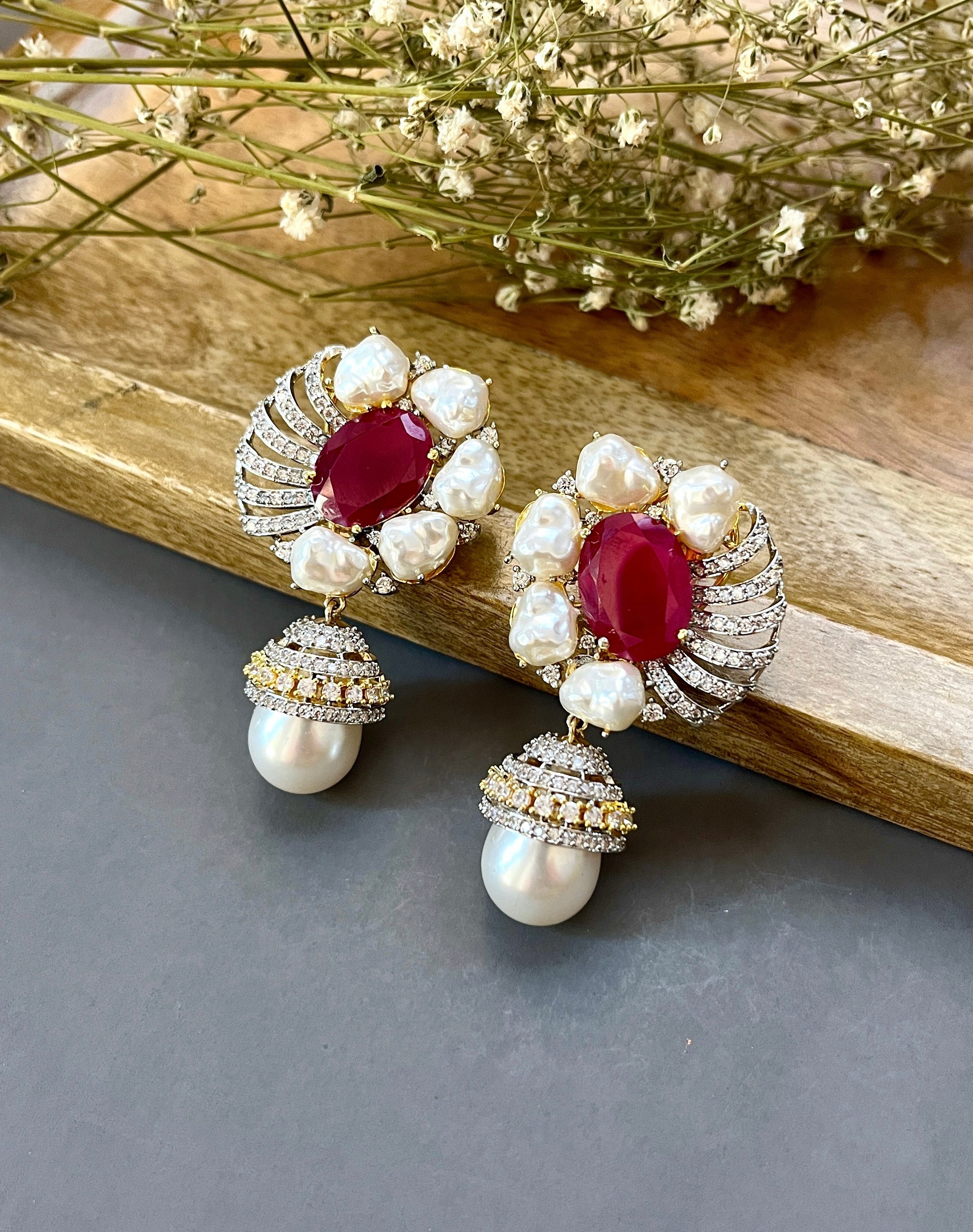 Reya Diamond & Baroque Pearl Designer Earrings