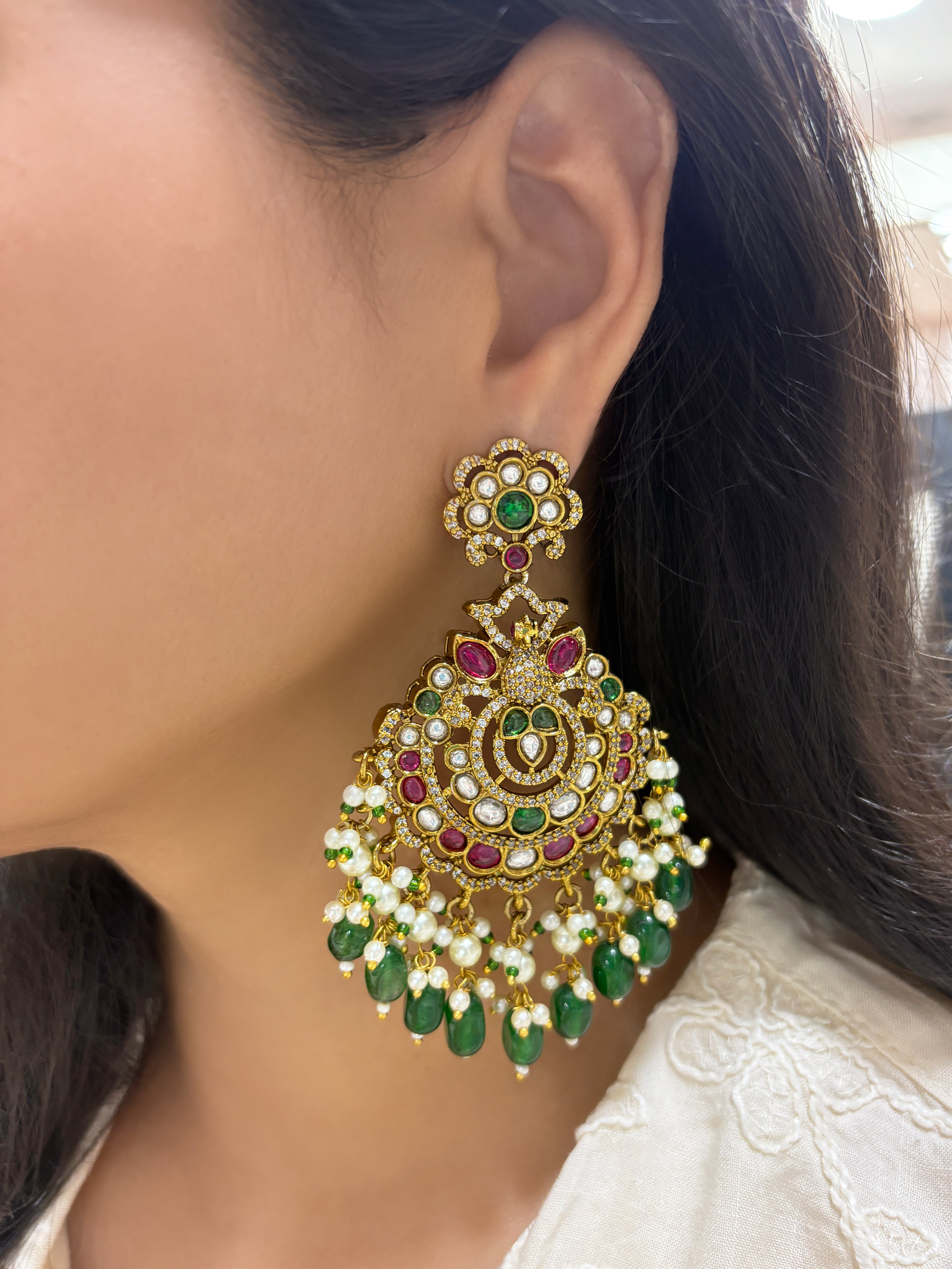 Isha Bridal Polki Danglers with Emerald Beads