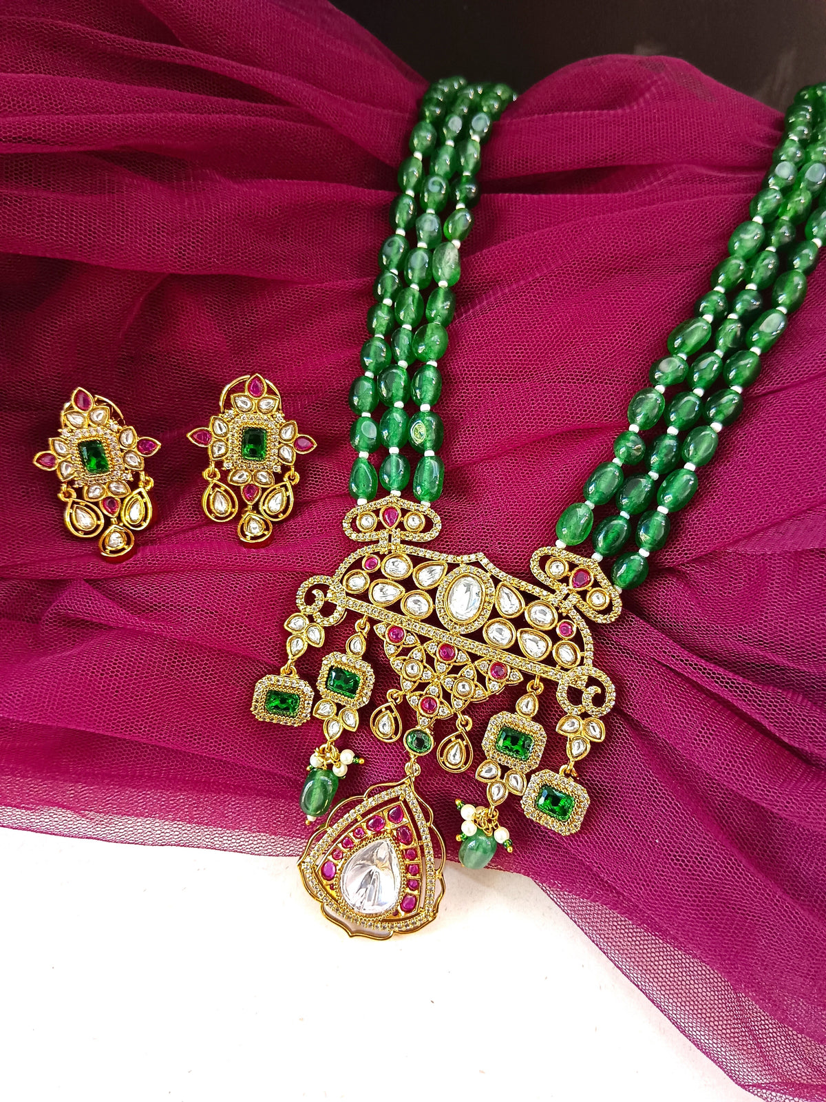 Rumi Kundan Necklace Strung with Emerald Beads