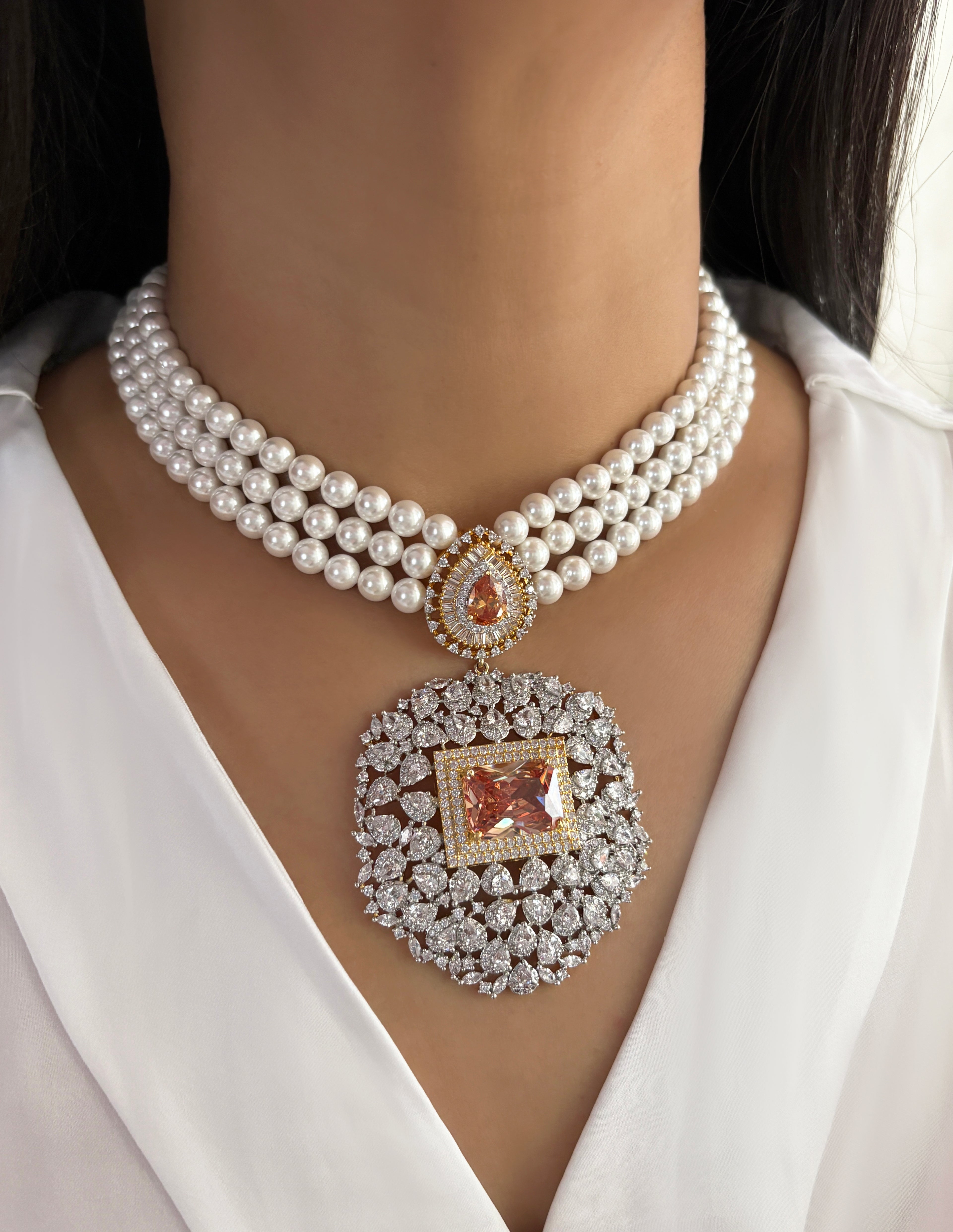 Kashvi Contemporary Pearl & Diamond Necklace Set