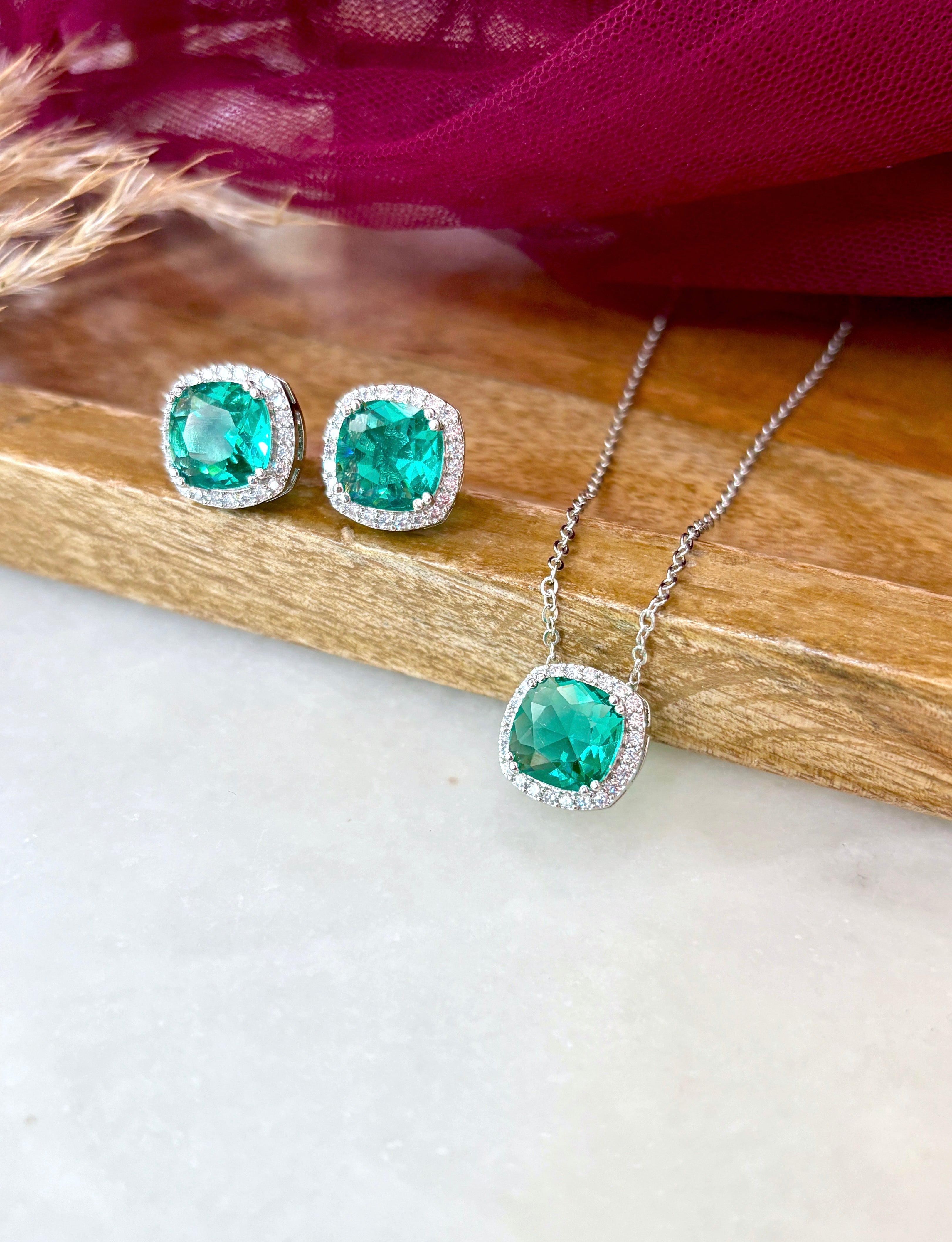 Cushion Diamond & Color Stone Pendant Set