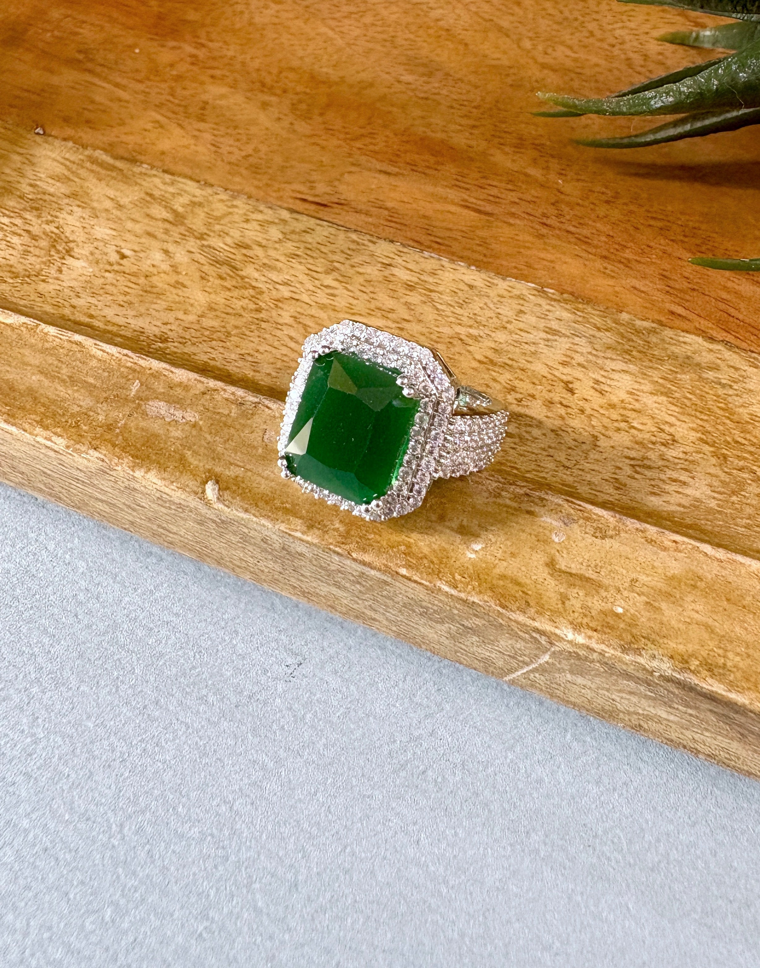 Emerald Color Stone & Diamond Ring