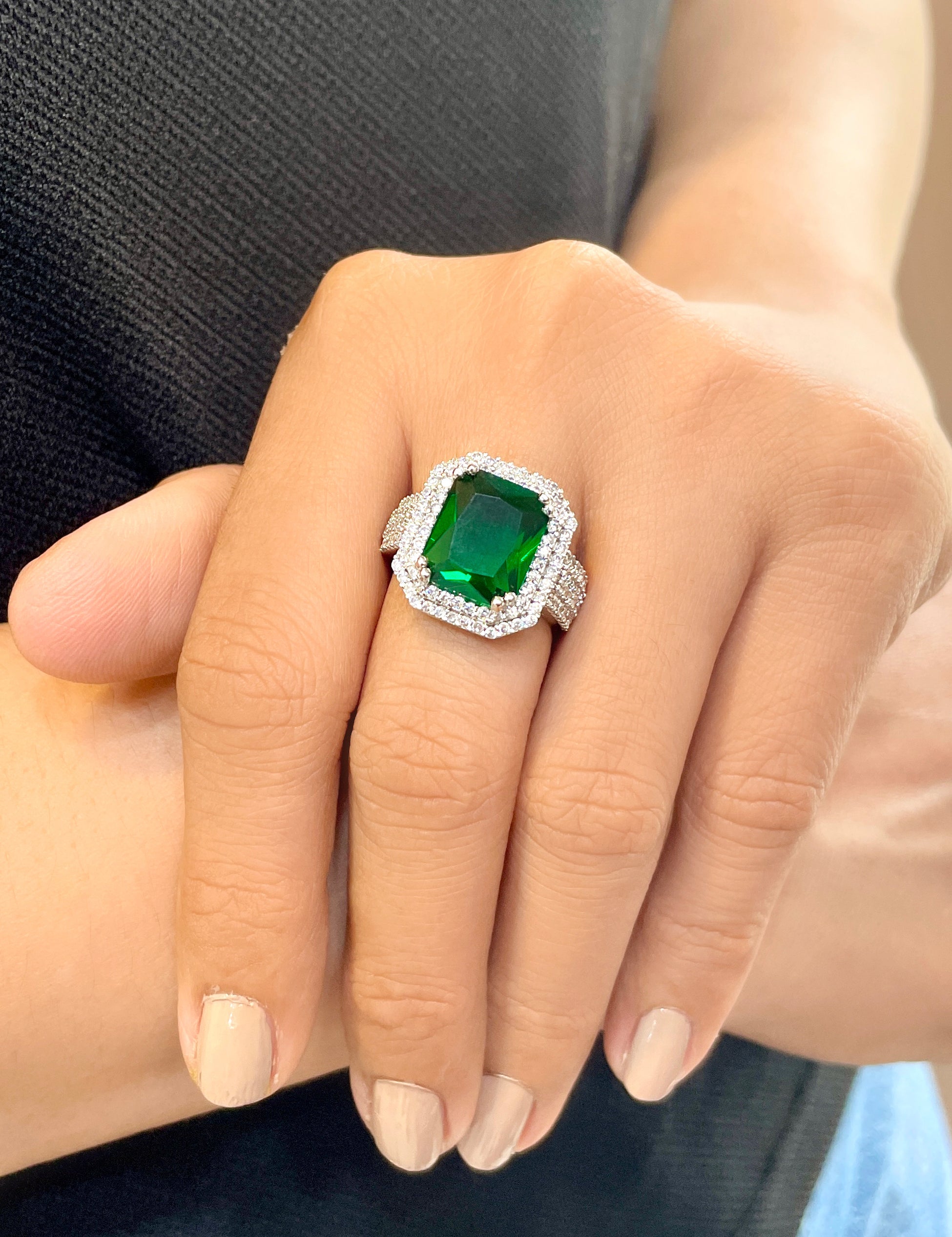 Emerald Color Stone & Diamond Ring